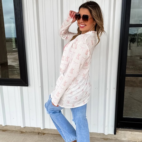Blakely Sweaters - The Lola Cardigan  White and Pink Bunny Bow Print